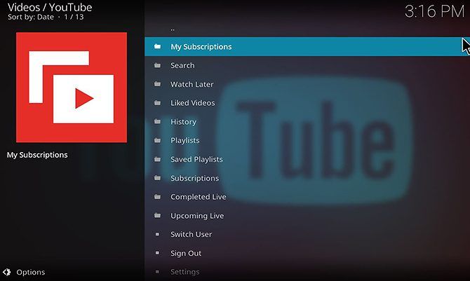 How to Install and Use the YouTube Kodi Add-On - add-on home menu