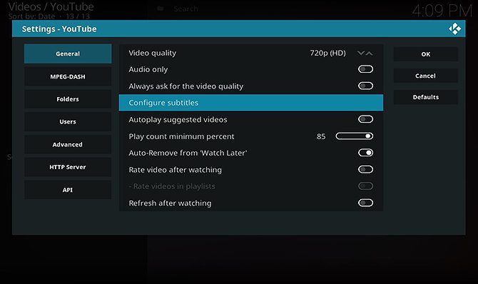 How to Install and Use the YouTube Kodi Add-On - configure subtitles