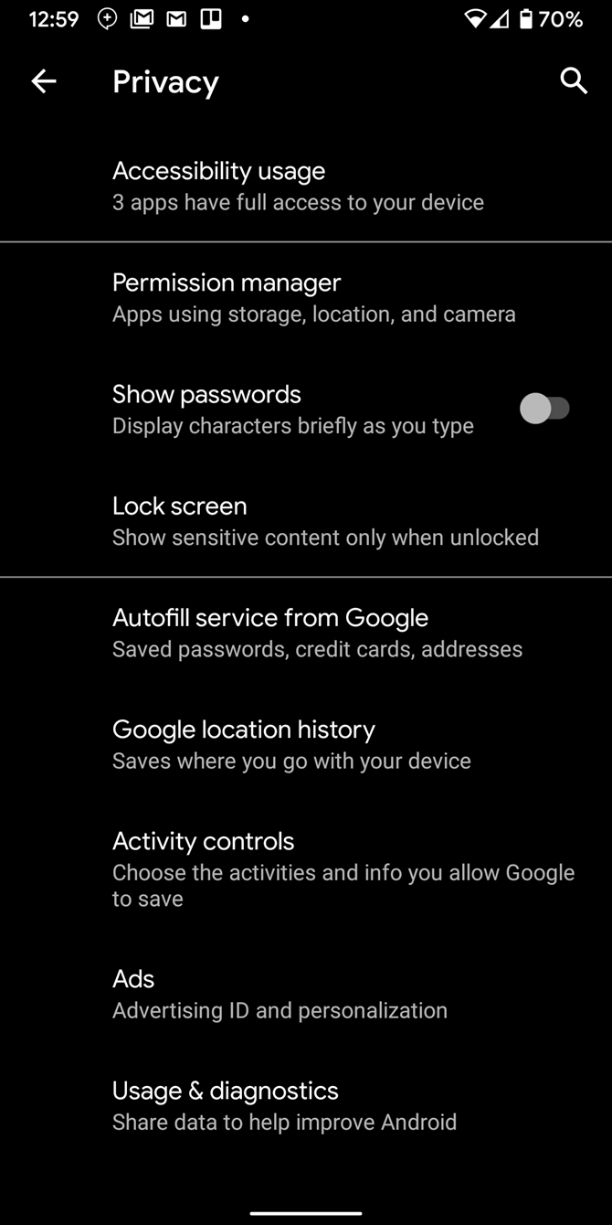 Android 10 Privacy Menu