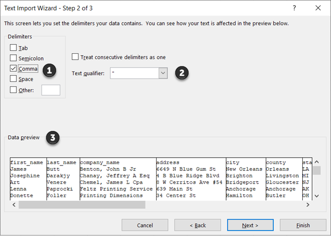 Choose the delimiter in the Text Import Wizard Screen