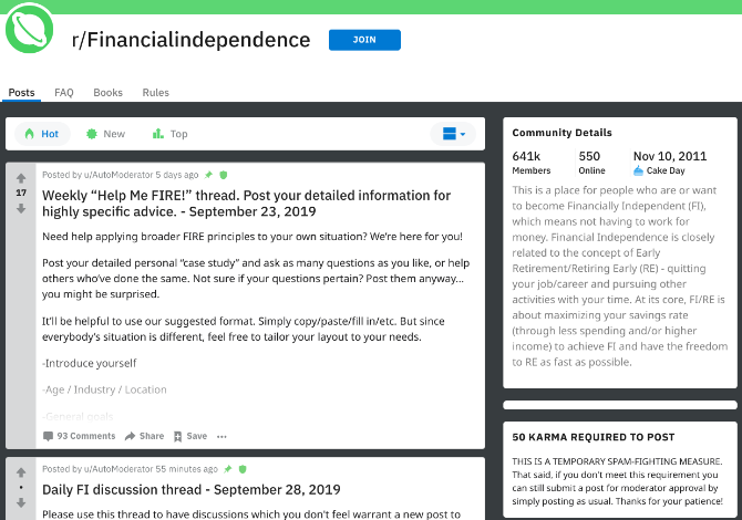 Reddit's r/FinancialIndependence is a helpful and supportive community for financial independence and early retirement