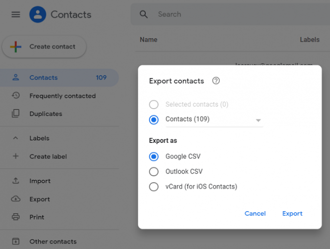 google contacts export options