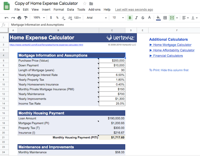 Google Sheets Template Home Expense Calculator