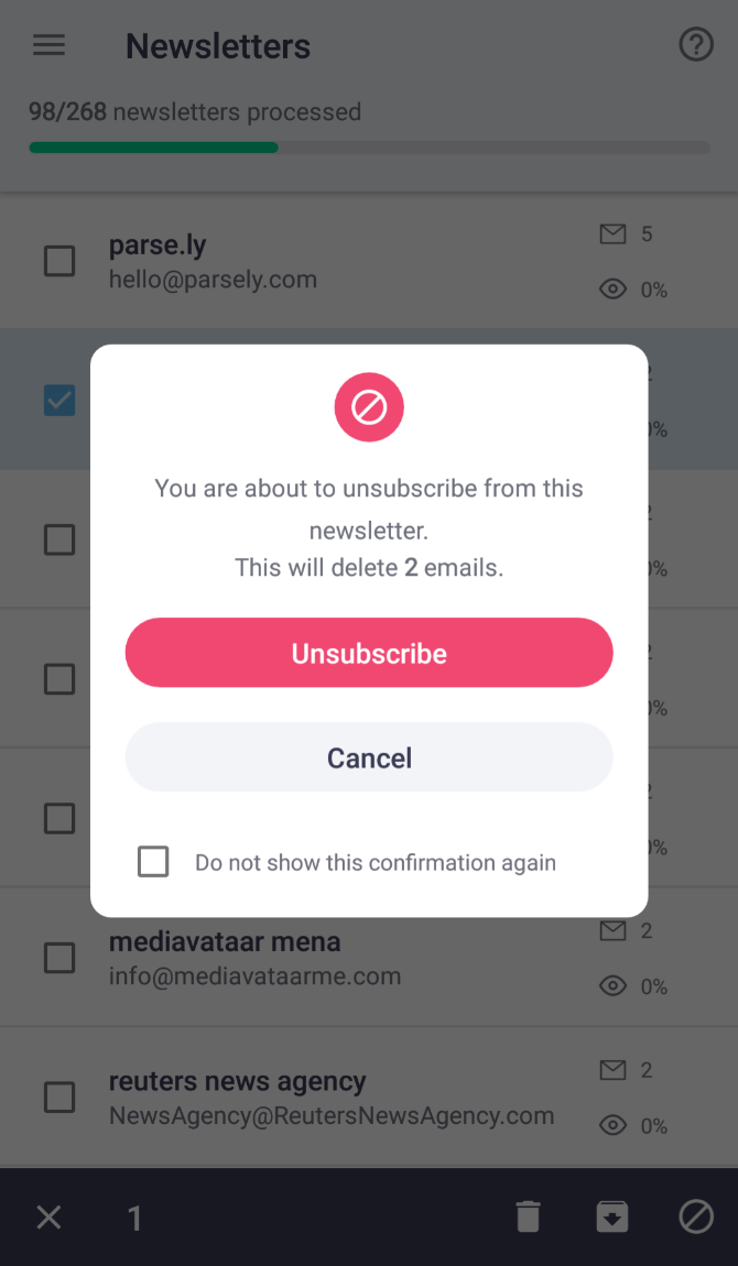 Cleanfox is an inbox to find newsletters and unsubscribe or delete in bulk