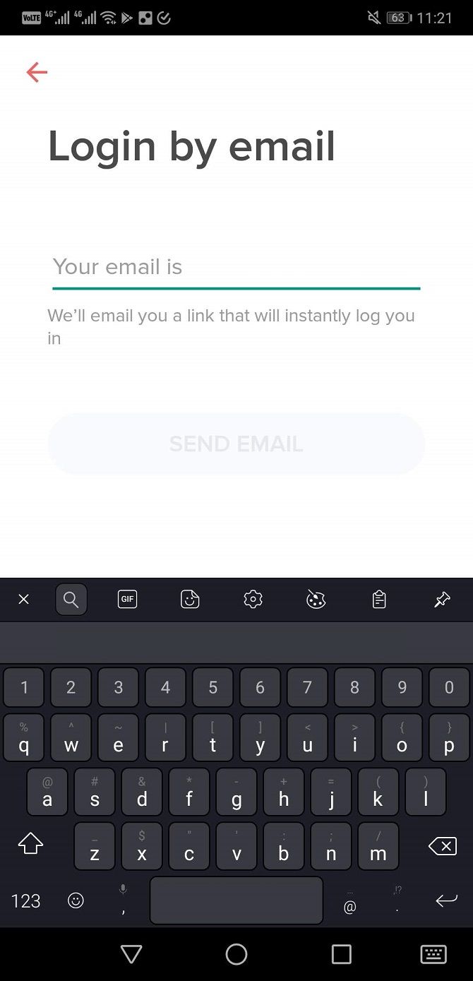 tinder login screen for email