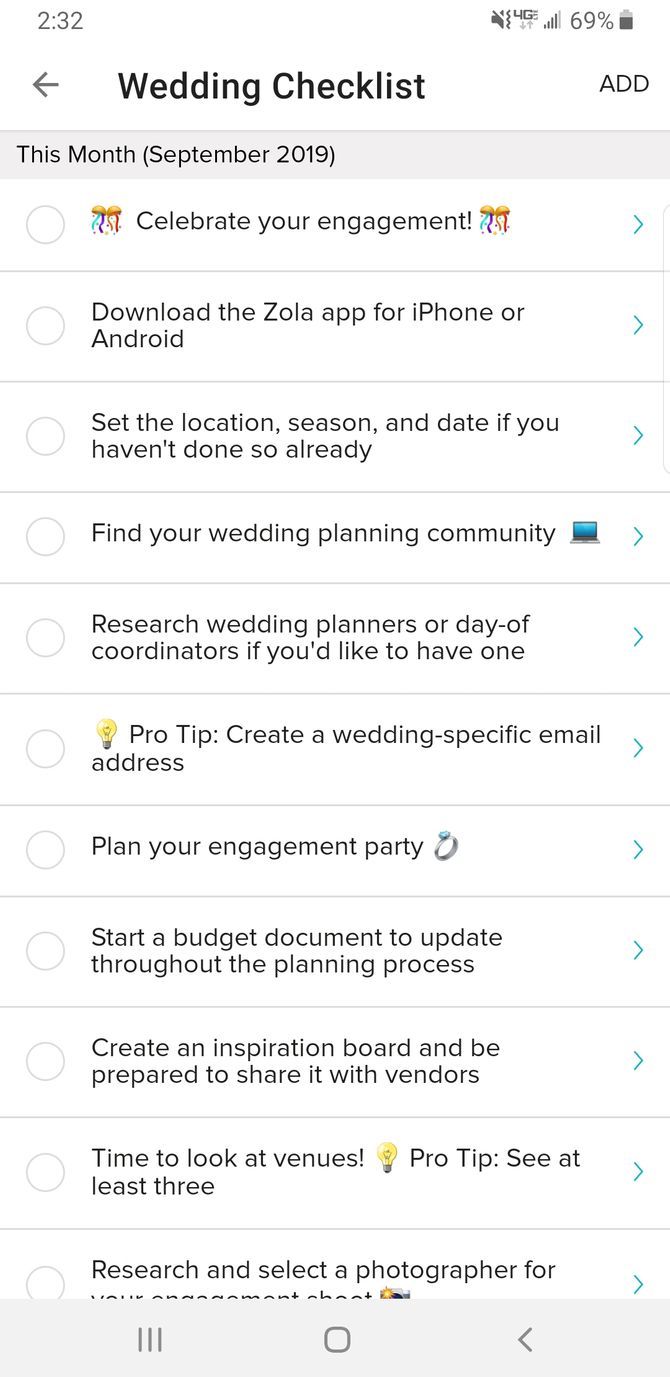 Zola Wedding Planner App Checklist