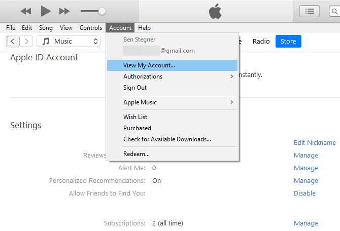 iTunes Windows Manage Subscriptions