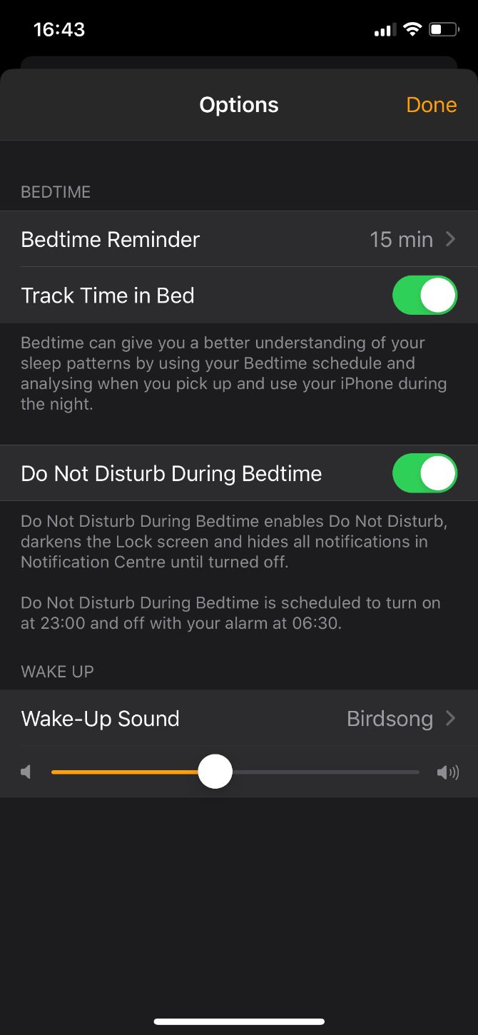 Bedtime Options in iPhone Clock app