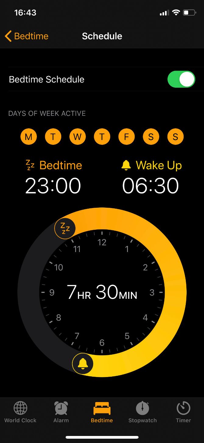 Bedtime and Wake Up time settings in iPhone Clock app