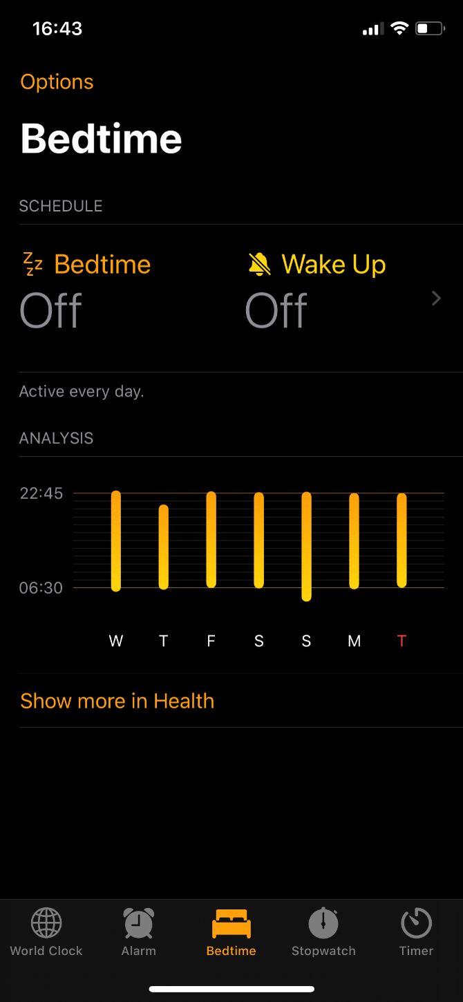 Bedtime tab in iPhone Clock app