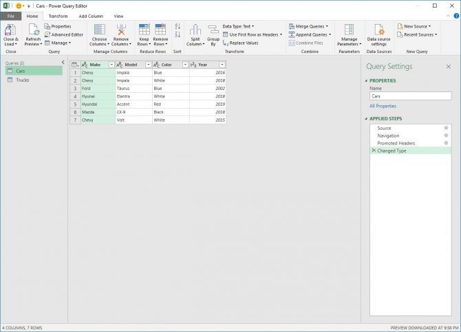 Displaying Power Query Menu for Cars and Trucks