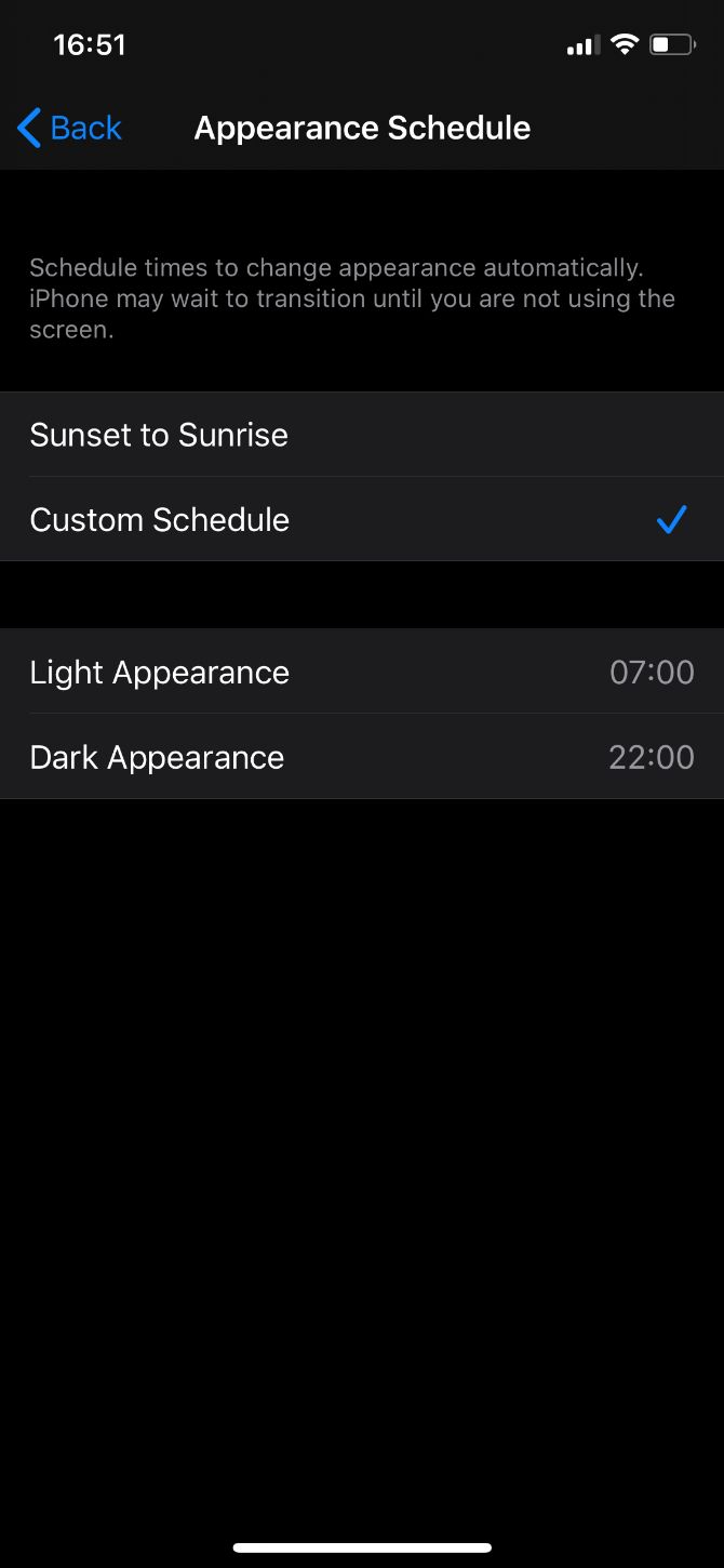 Dark Mode Schedule Settings on iPhone