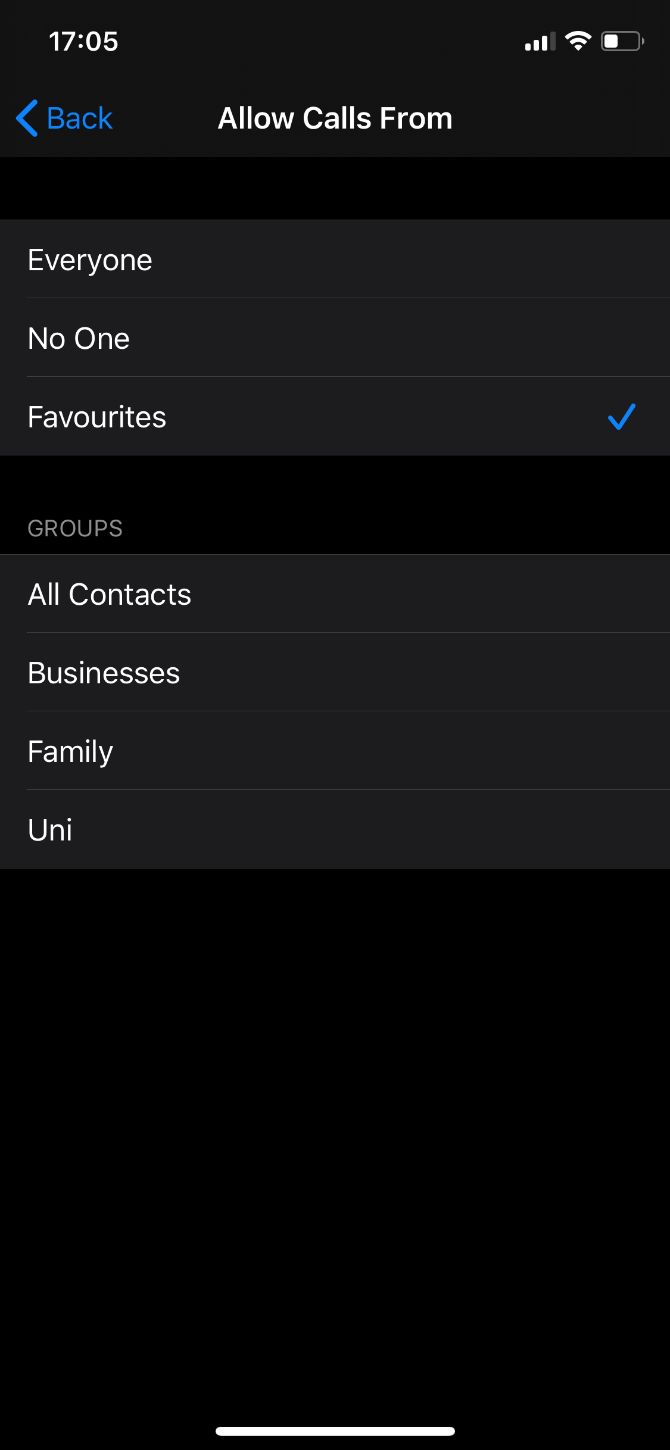 Do Not Disturb Allow Calls From settings