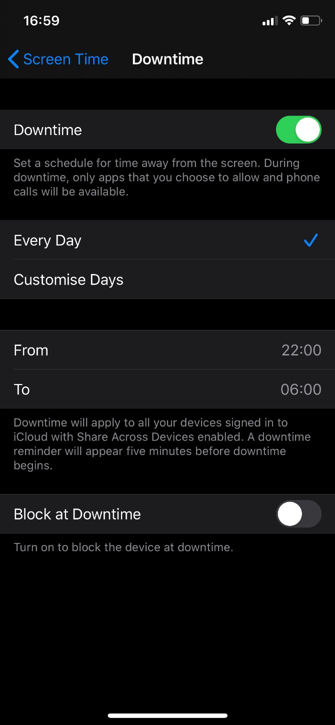 Downtime Settings on iPhone