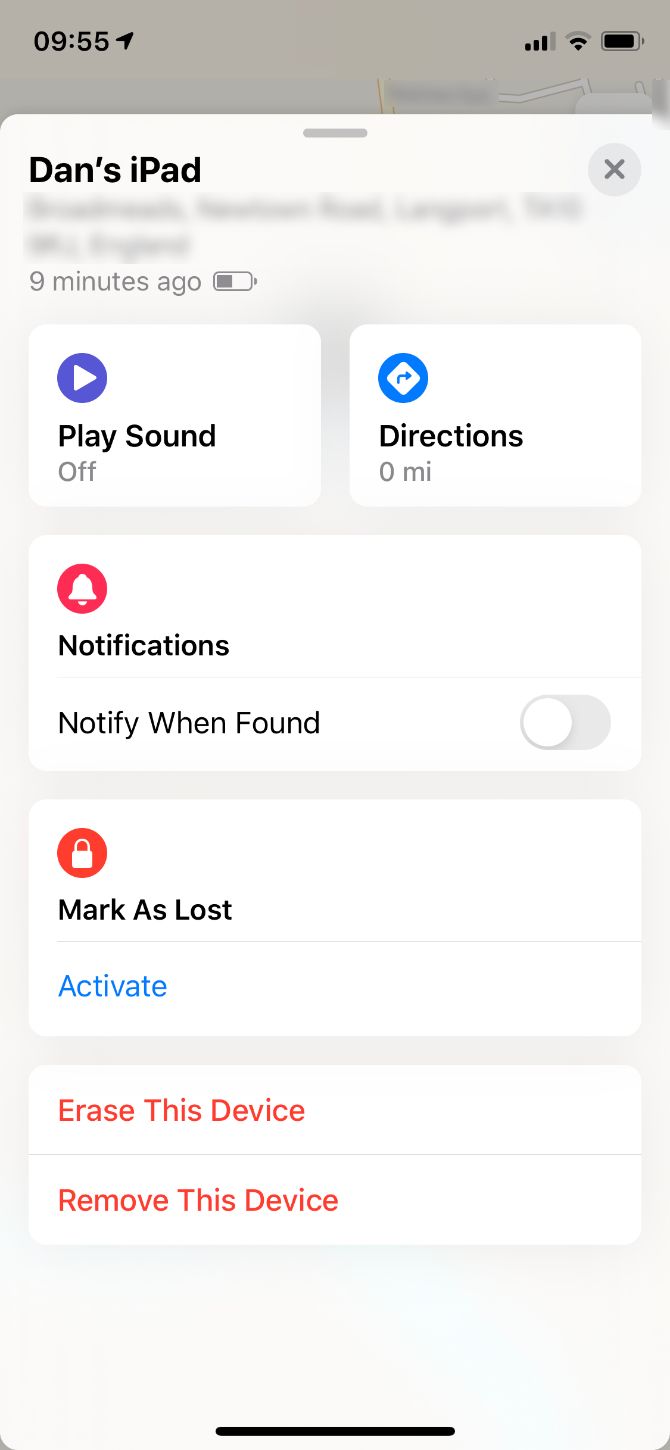 Find My Device controls in Find My on iOS 13