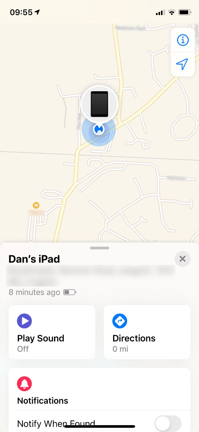 Find My app showing offline iPad with Play Sound and Directions buttons
