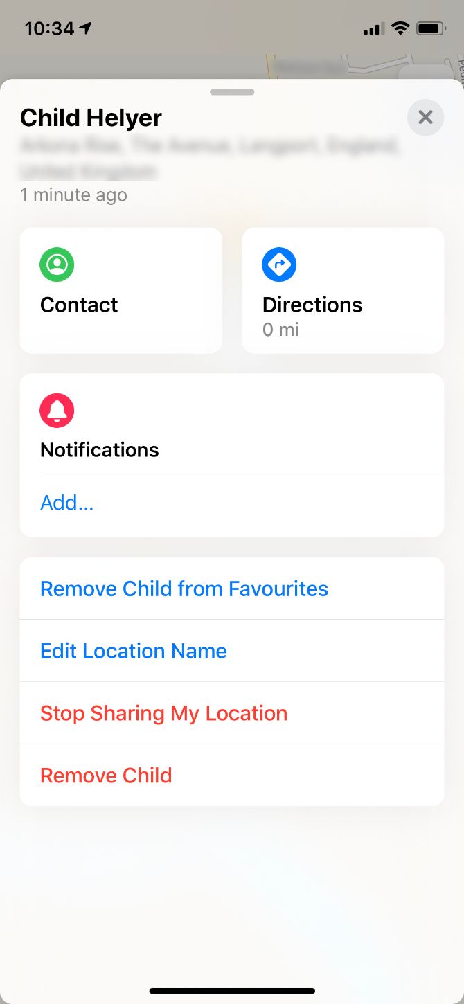 Information and options for friend or family member in Find My app