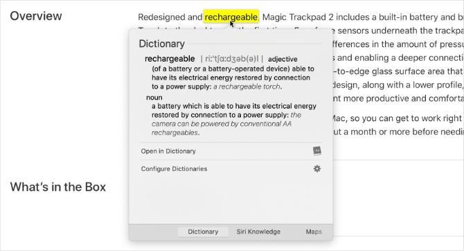 Look Up Force Touch feature showing dictionary for a word