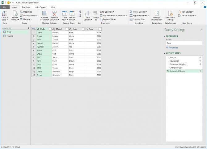 Appended Power Query Table for Excel