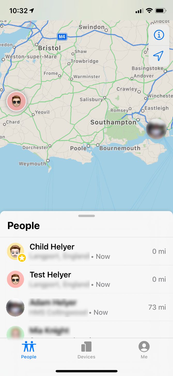People tab in Find My app showing numerous friends and family