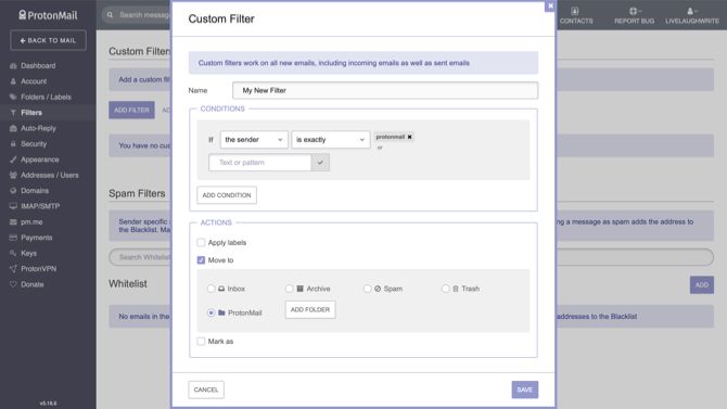 ProtonMail create custom filter