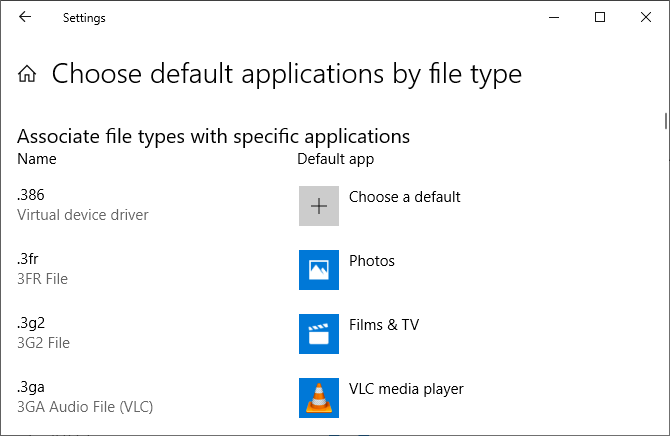Windows 10 choose default apps by file type