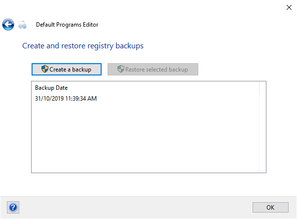 Default Programs Editor registry backup