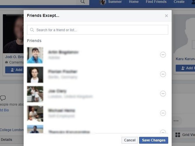 facebook-friends except privacy setting