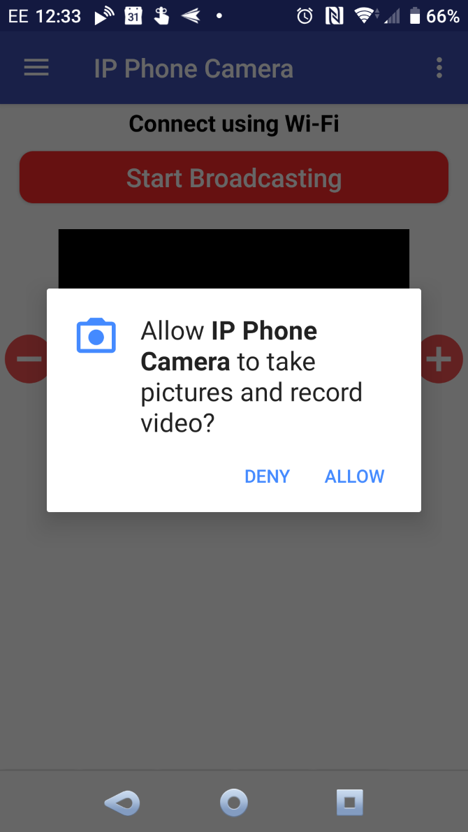 Grant permissions to the Android IP webcam software