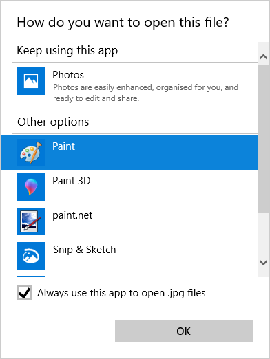 Windows 10 choosing another program to open files with