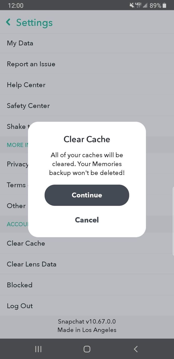 Snapchat Clear Cache Setting
