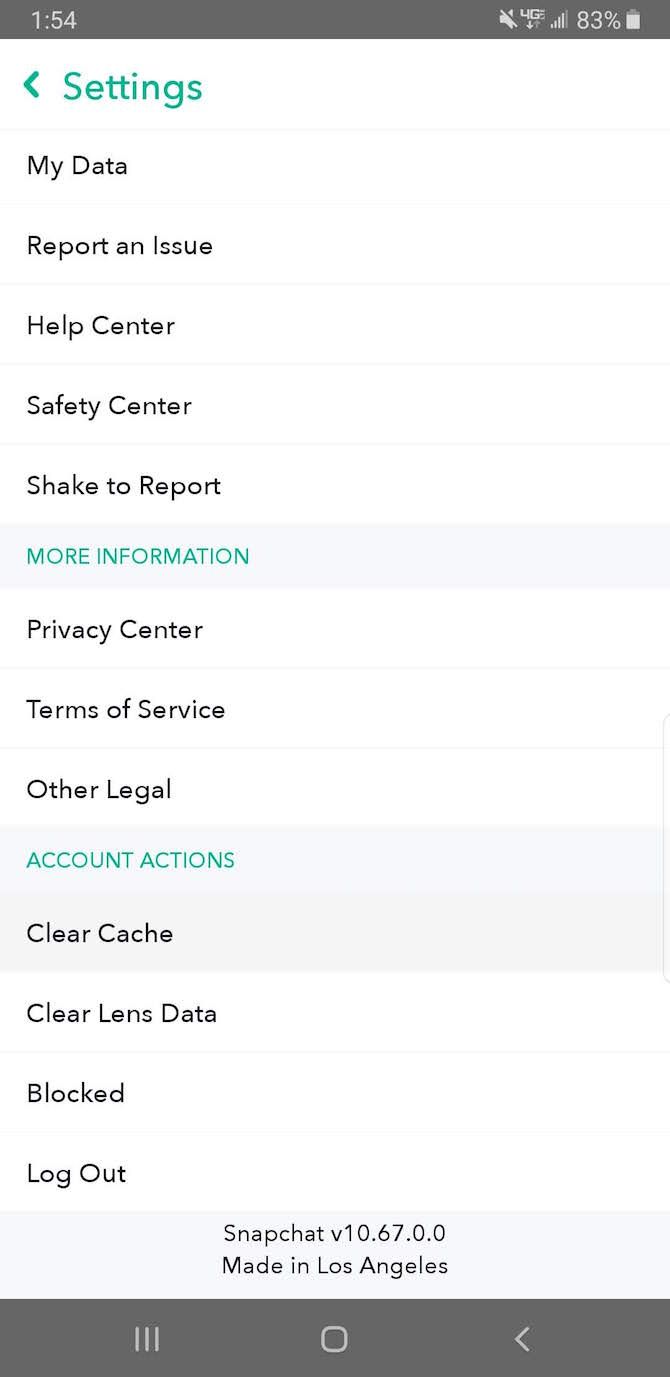 Snapchat Clear Cache Settings List