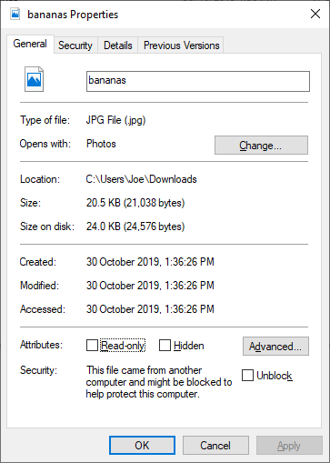 Windows 10 file properties