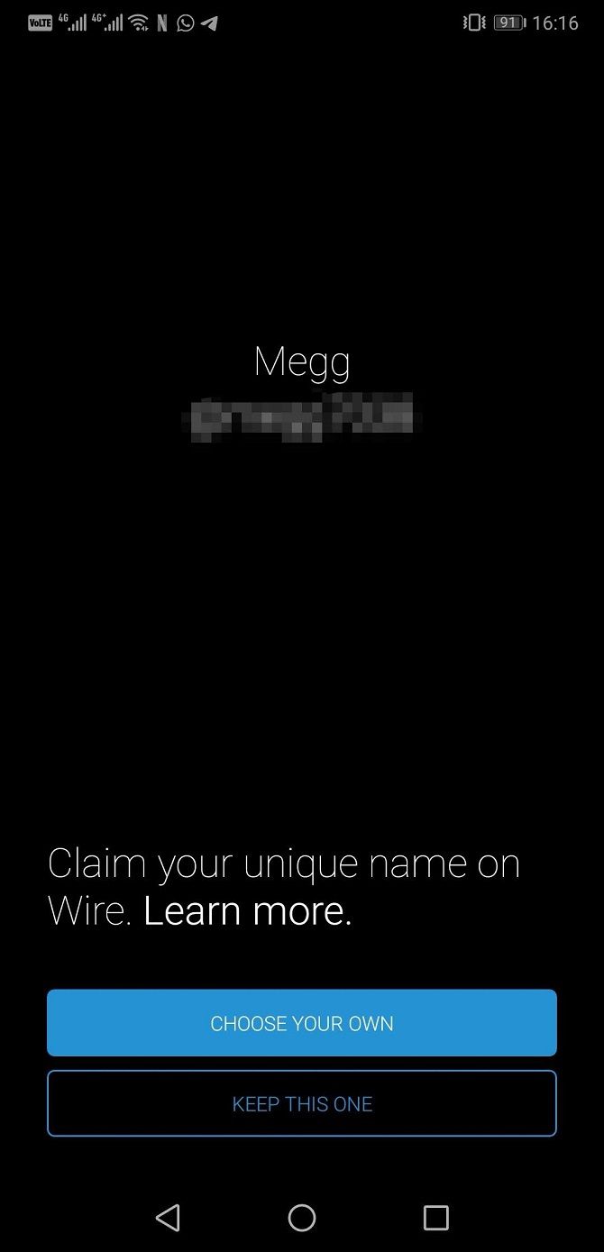 wire app username screen