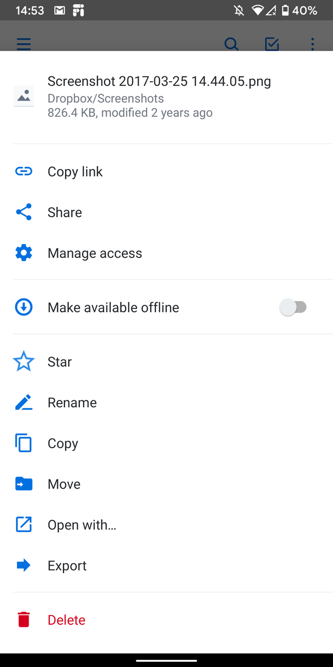 Dropbox Android File Options