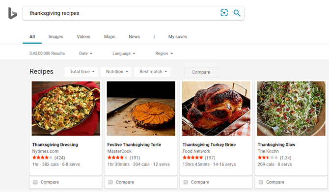 Search for Thanksgiving recipes with Bing