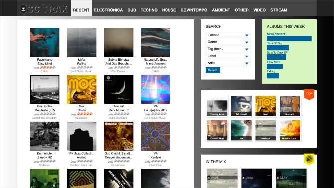 CC Trax home page showing range of free Creative Commons music releases