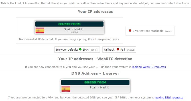 IP Leak Testing a VPN in Spain