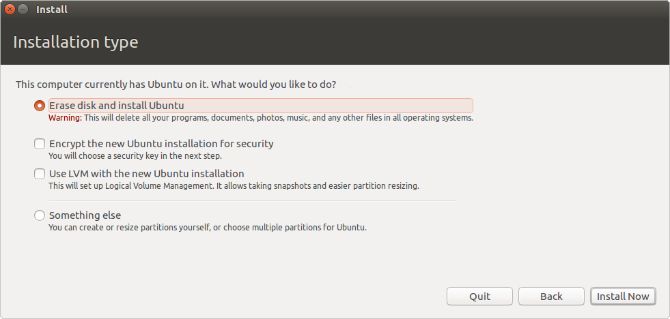 Hapus disk dan instal opsi Ubuntu