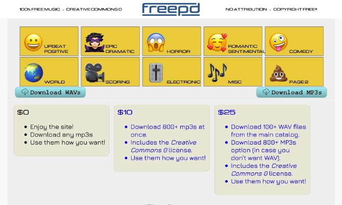 FreePD home page with range of categories for royalty-free music