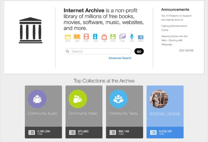 Internet Arcive home page showing Community Audio collection