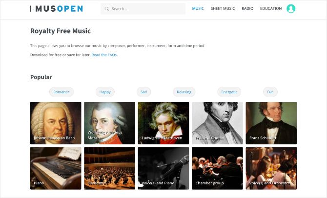 Musopen Music page showing list of composers