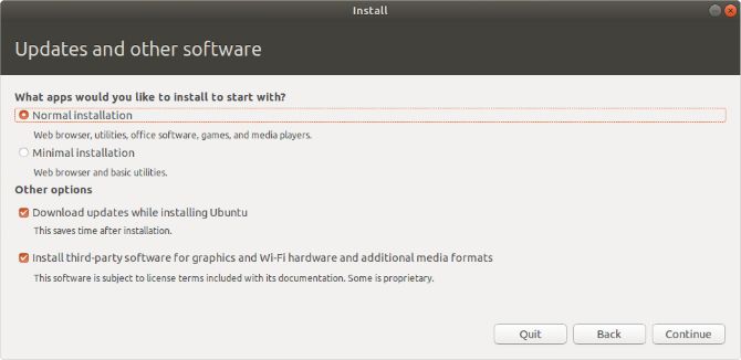 Instalasi Ubuntu normal dengan perangkat lunak pihak ketiga dipilih