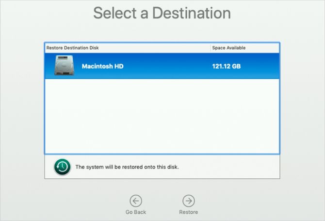 Select a destination window when restoring Time Machine backup with macOS Recovery