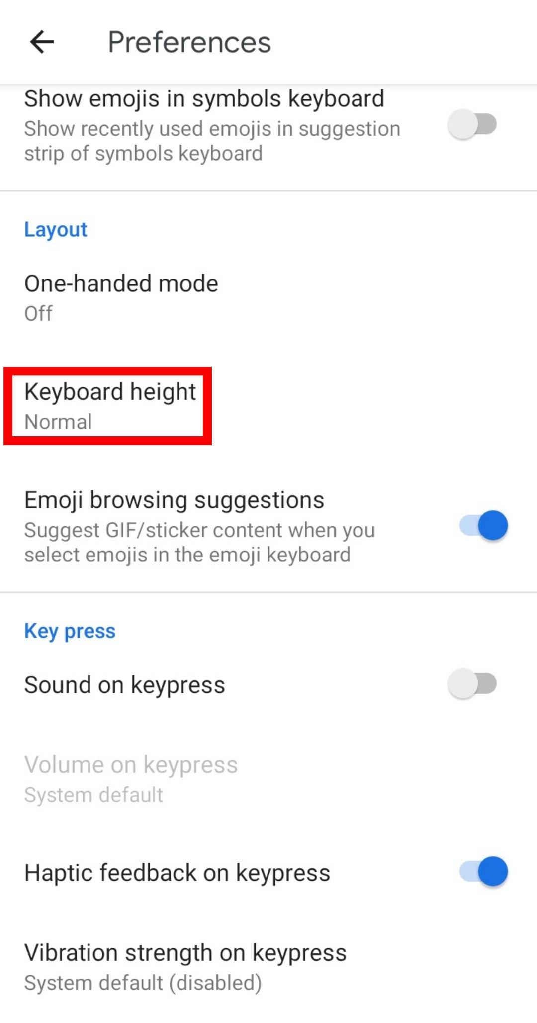 The keyboard height option in Android