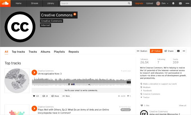 SoundCloud showing Free CC Music Profile