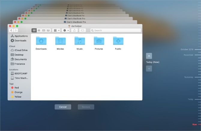 Time Machine app showing Home folder in Finder
