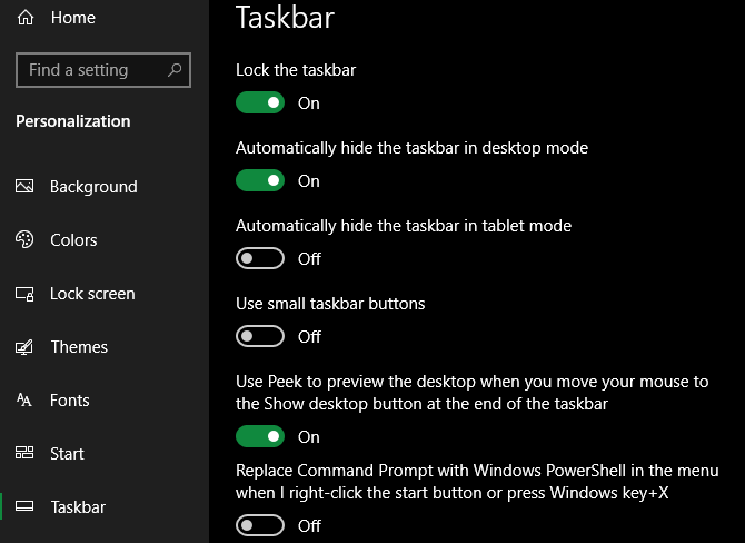 Windows 10 Taskbar Options