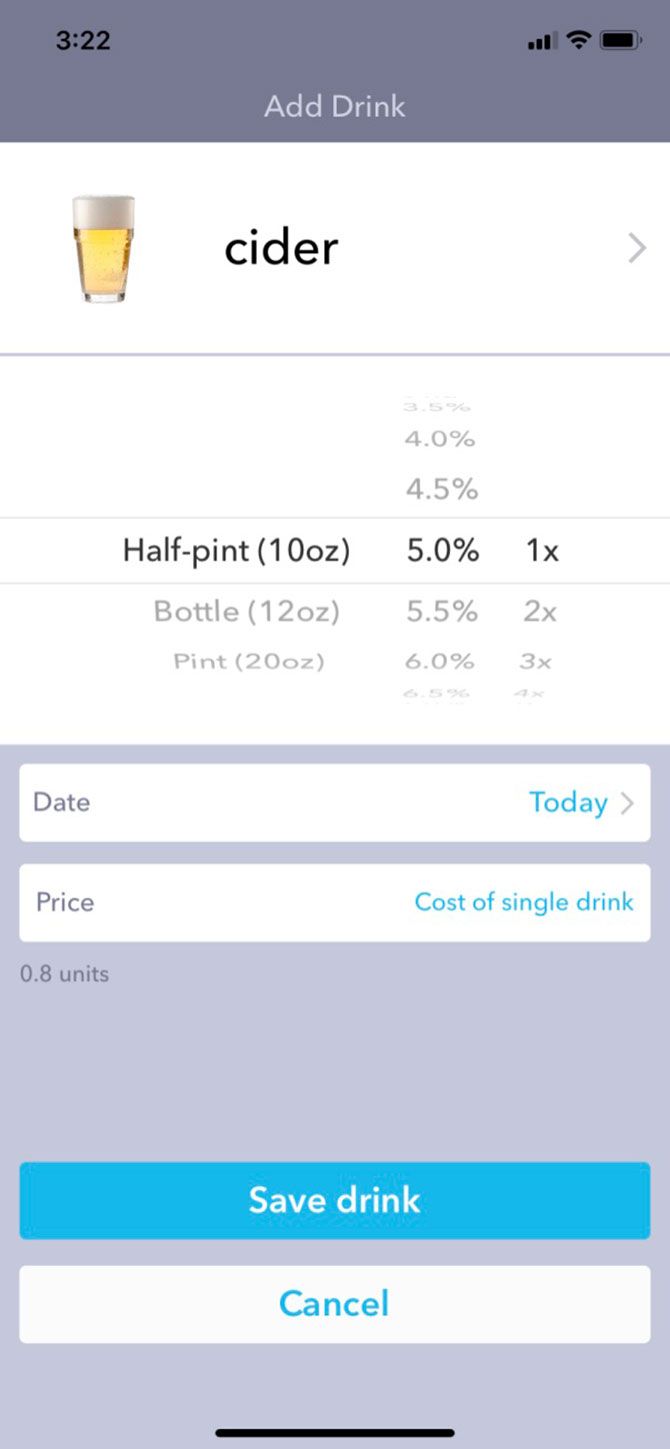 DrinkControl App Add Drink to Log