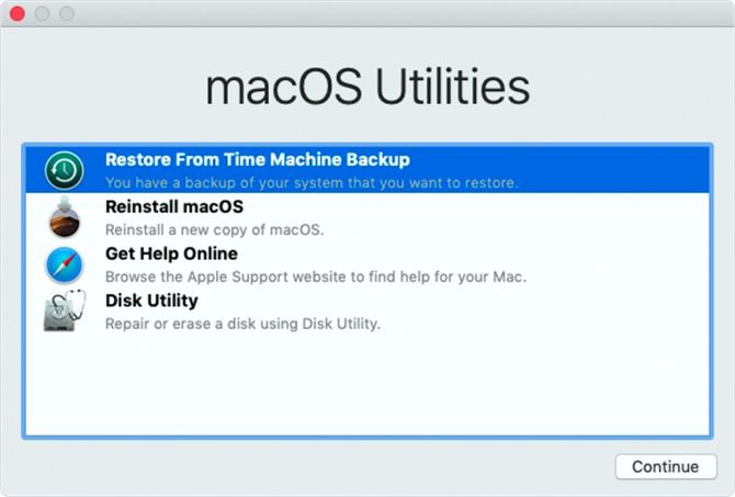 macOS Utilities window with Restore from Time Machine Backup option